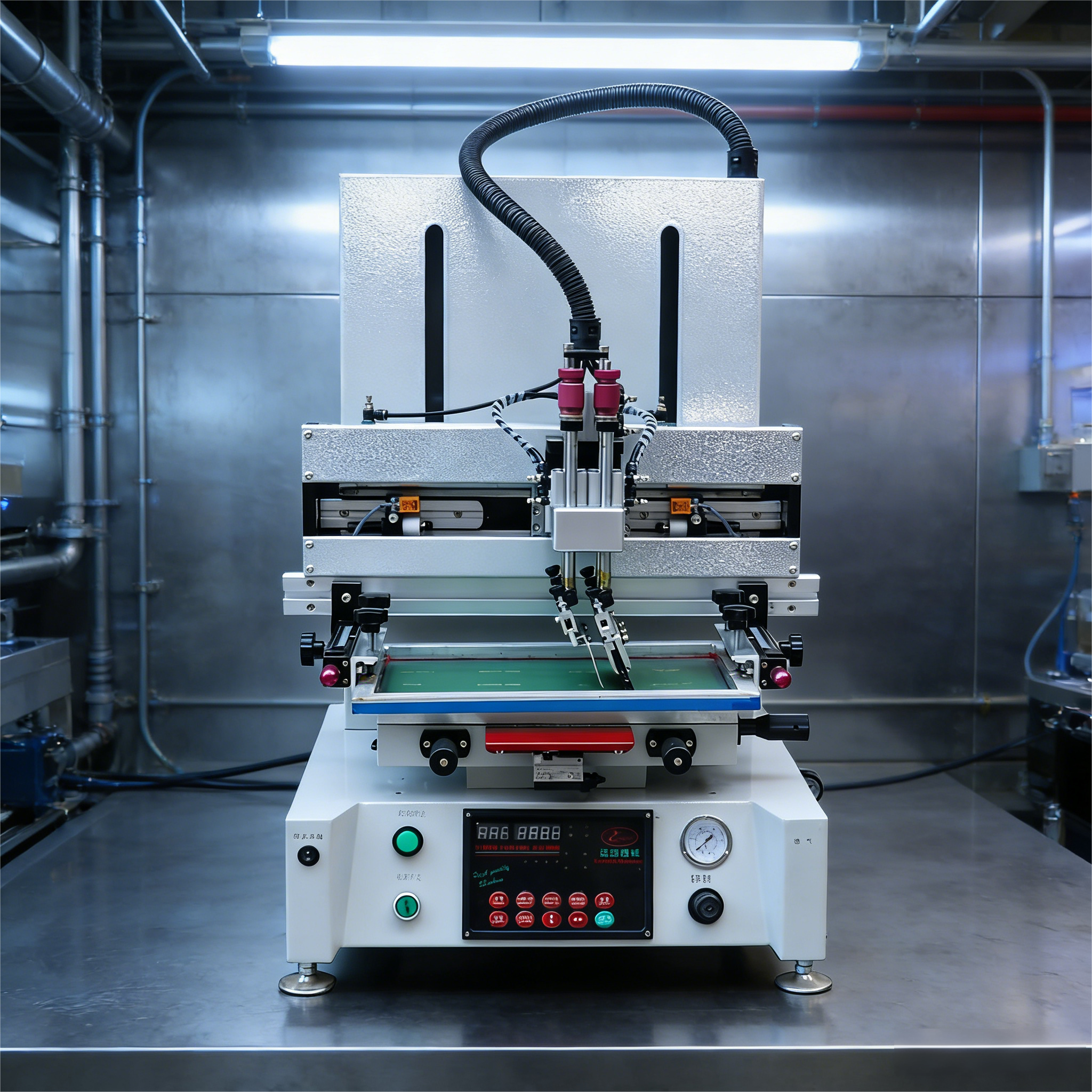 全自动丝网印刷机正面图，银色金属机身，现代化控制面板，工业级设备