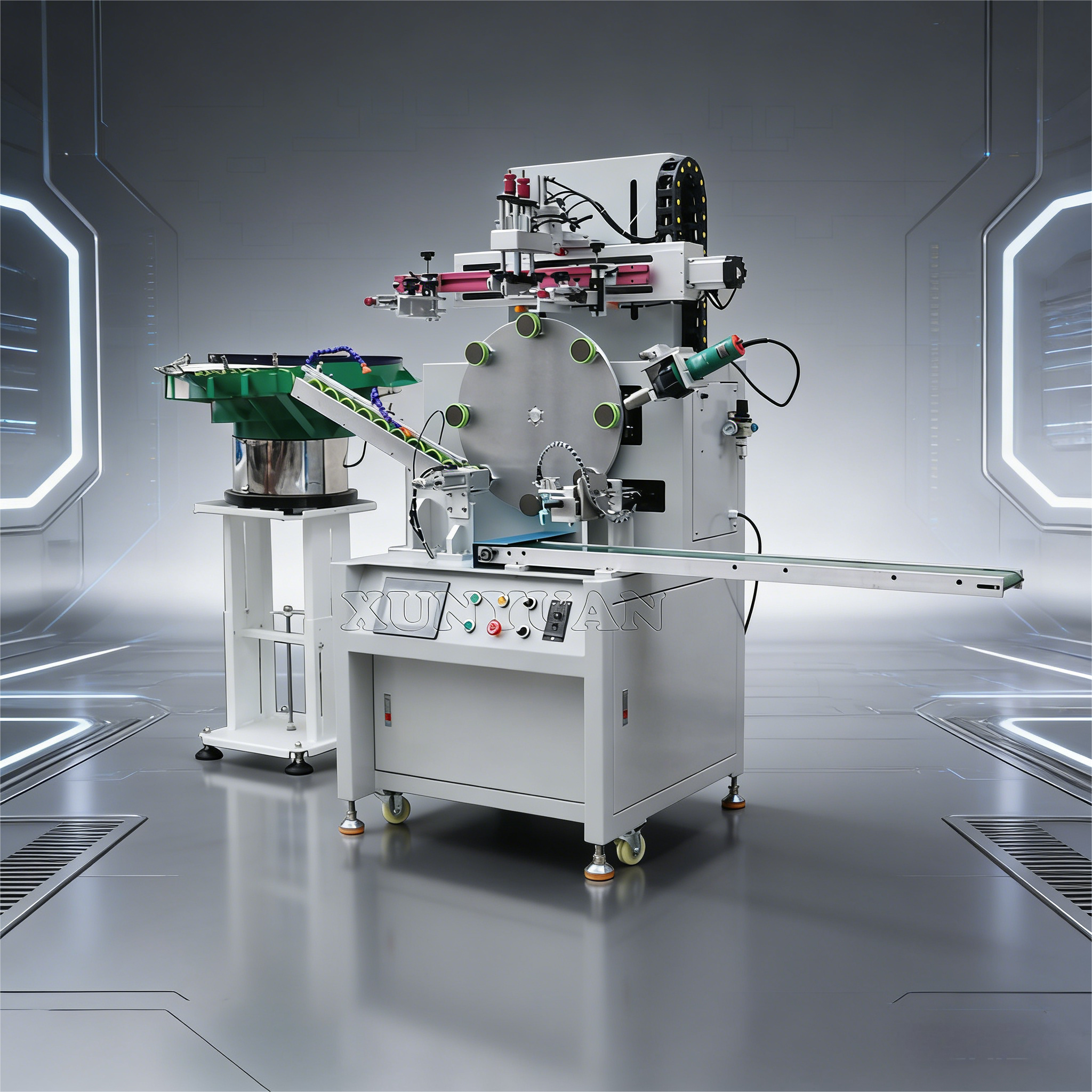 东莞市迅源机械有限公司厂房外景，现代化工业建筑，蓝色屋顶，绿树环绕，阳光明媚