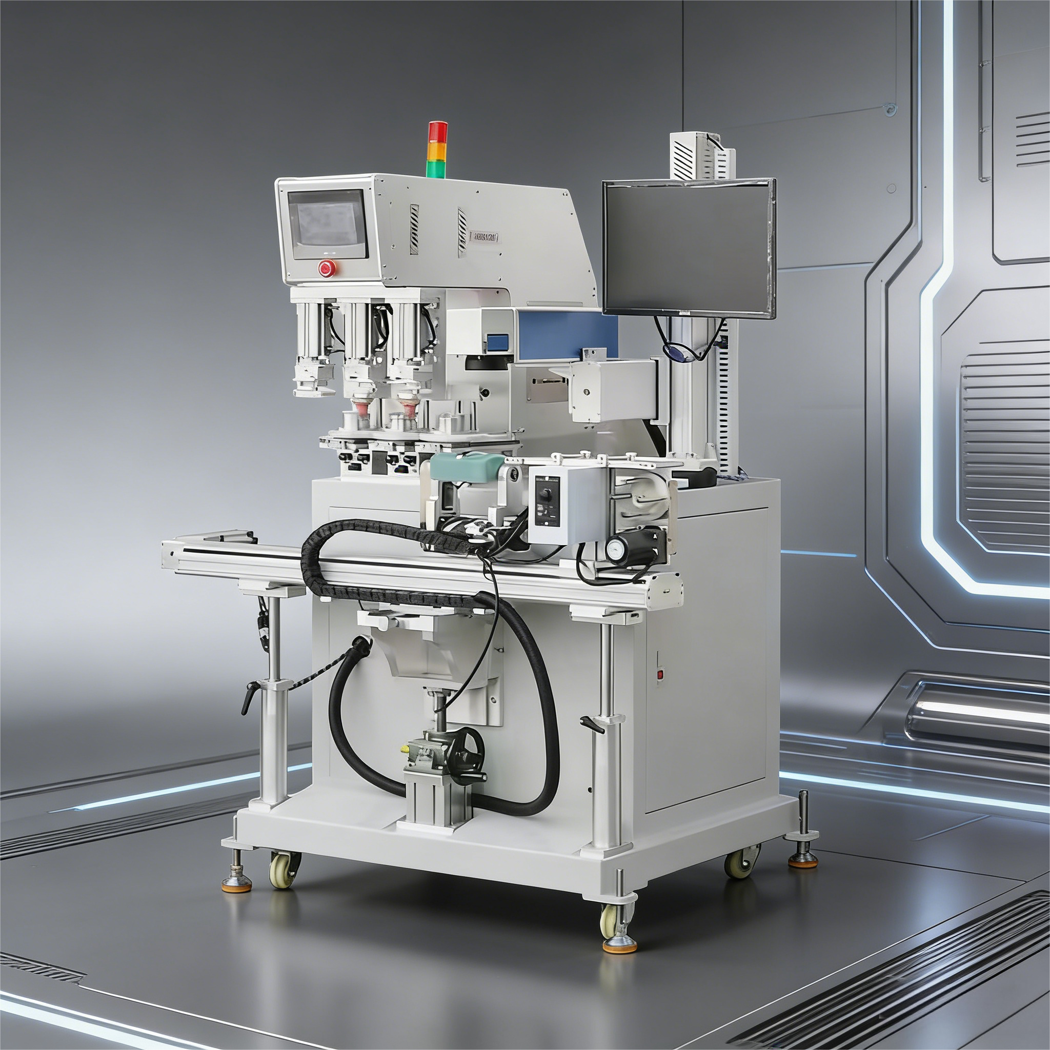 工厂车间内部，多台机械设备正在运行，工人操作设备，现代化生产线