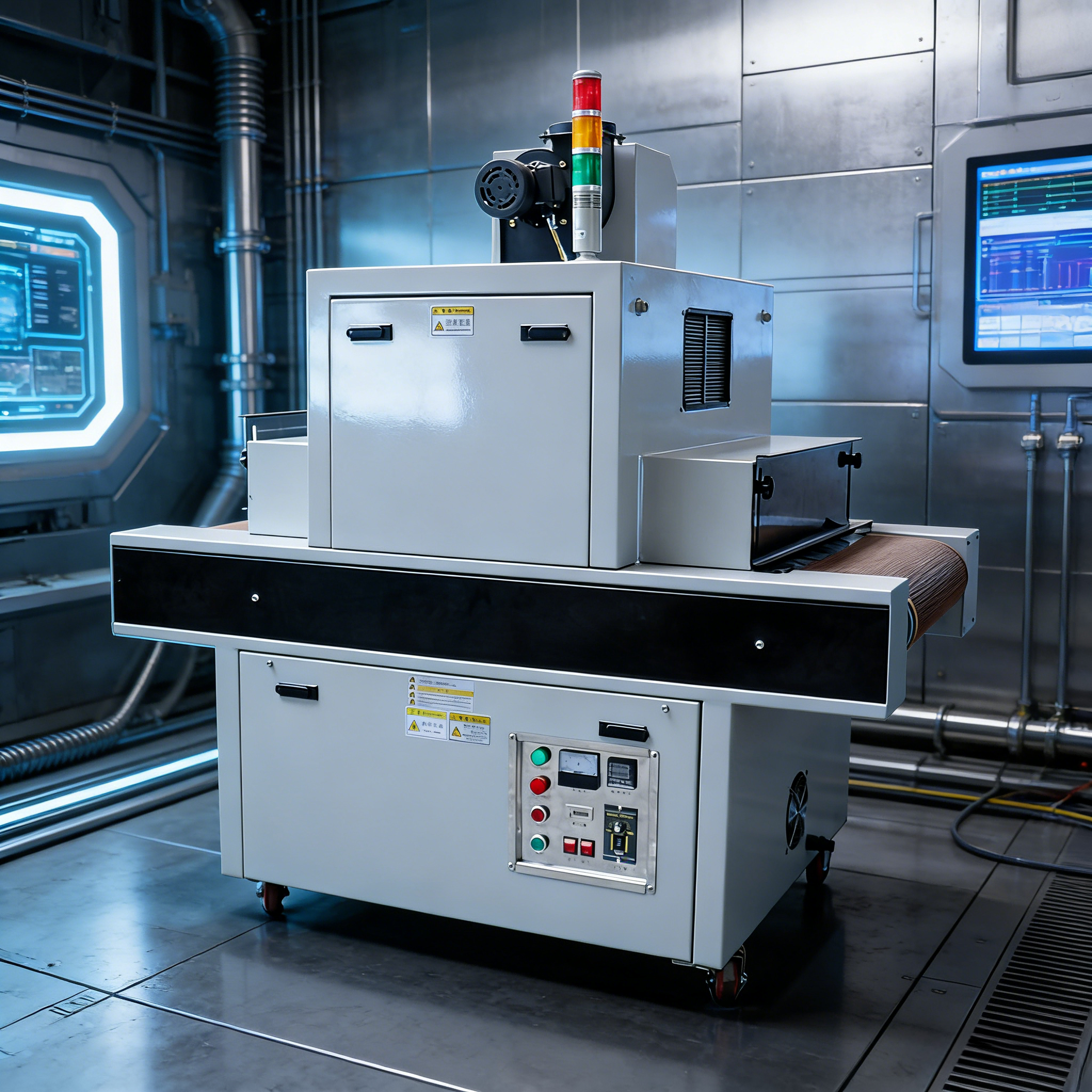 UV固化机侧面图，白色机身，紫外线照射装置，工业级固化设备