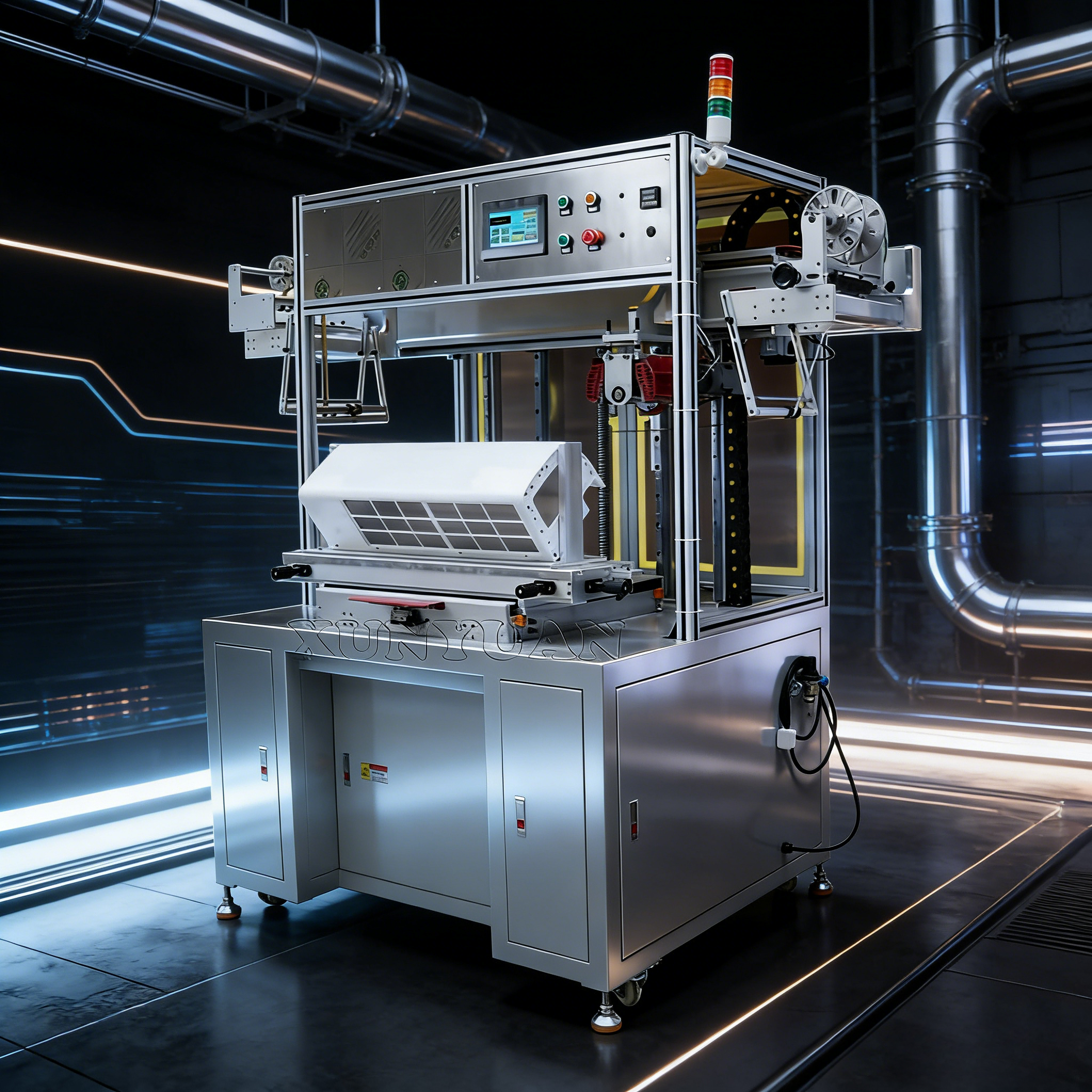 烫金机正面特写，金色装饰，精密加热装置，高端印刷设备