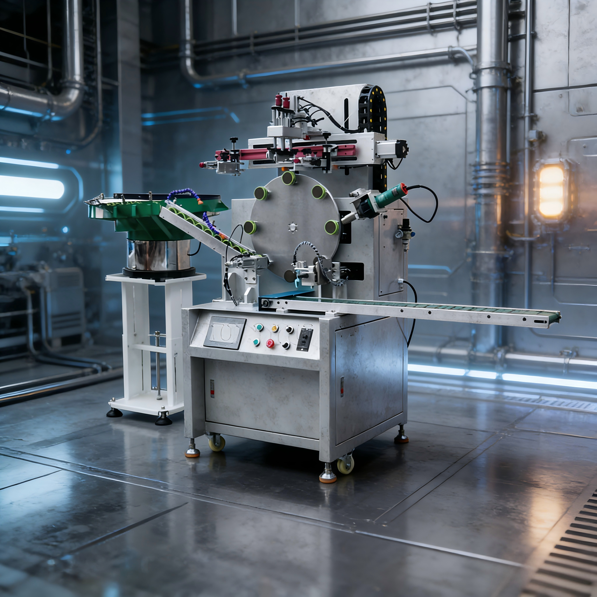 自动装配机正面图，银色金属结构，自动化传送带，精密组装设备